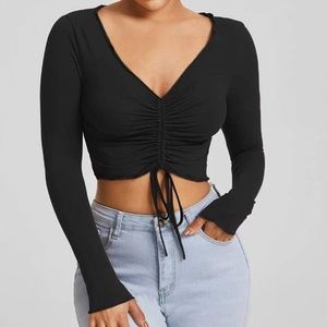 Black long sleeved cropped draw string top